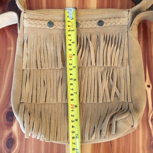 Minnetonka Camel Suede Fringe Mid-Size Crossbody Bag with Bronze Medallions - Picture 13 of 15